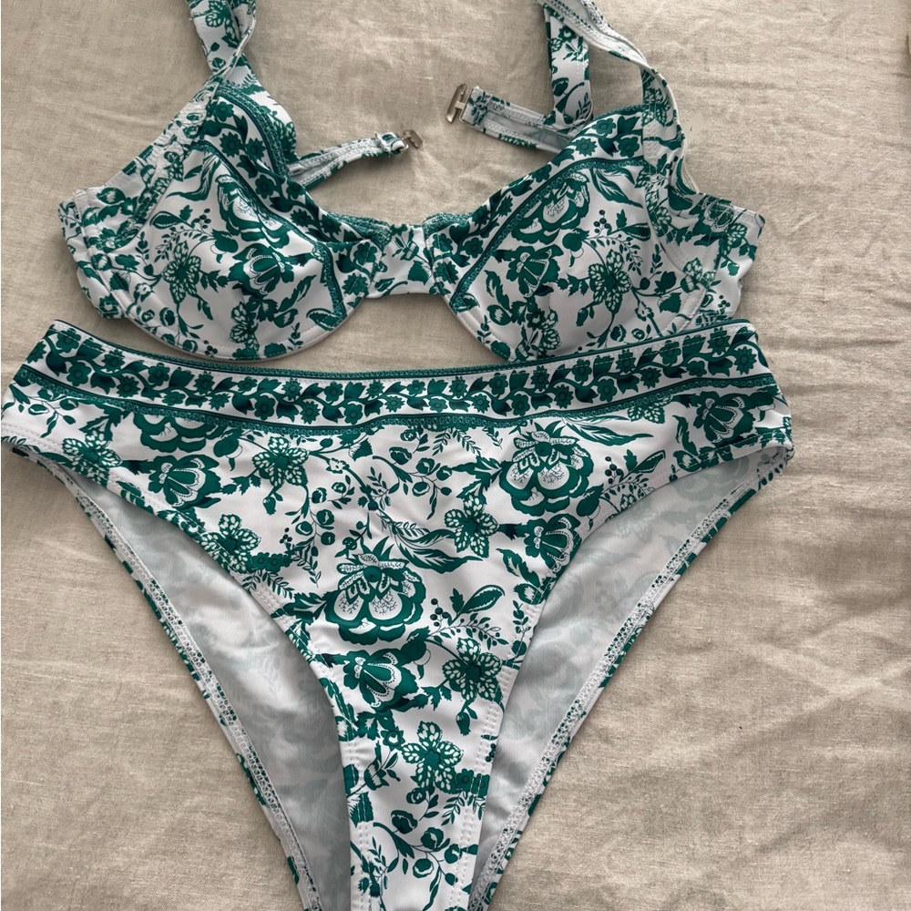 Floral Green and White Bikini Set & Coverup